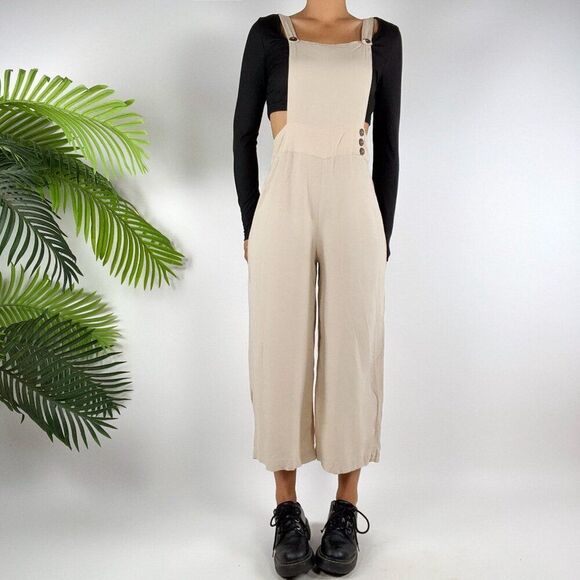 Women's Vintage Cream Cottagecore Peasant Overalls Boho Prairie Overalls / M - Picture 5 of 7